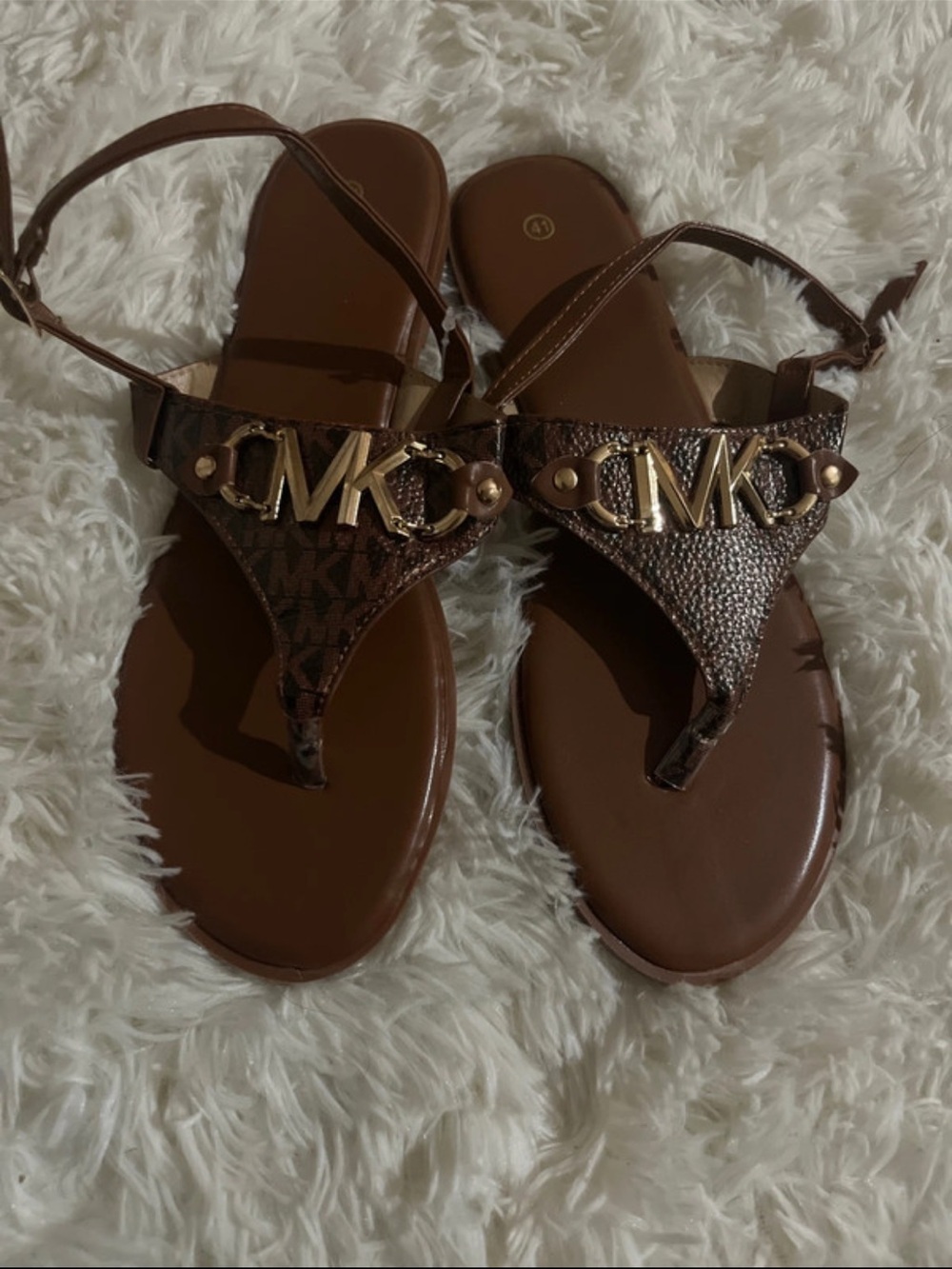 Michael Kors Brown Logo MK Toe-Ring Sandals with Gold Hardware